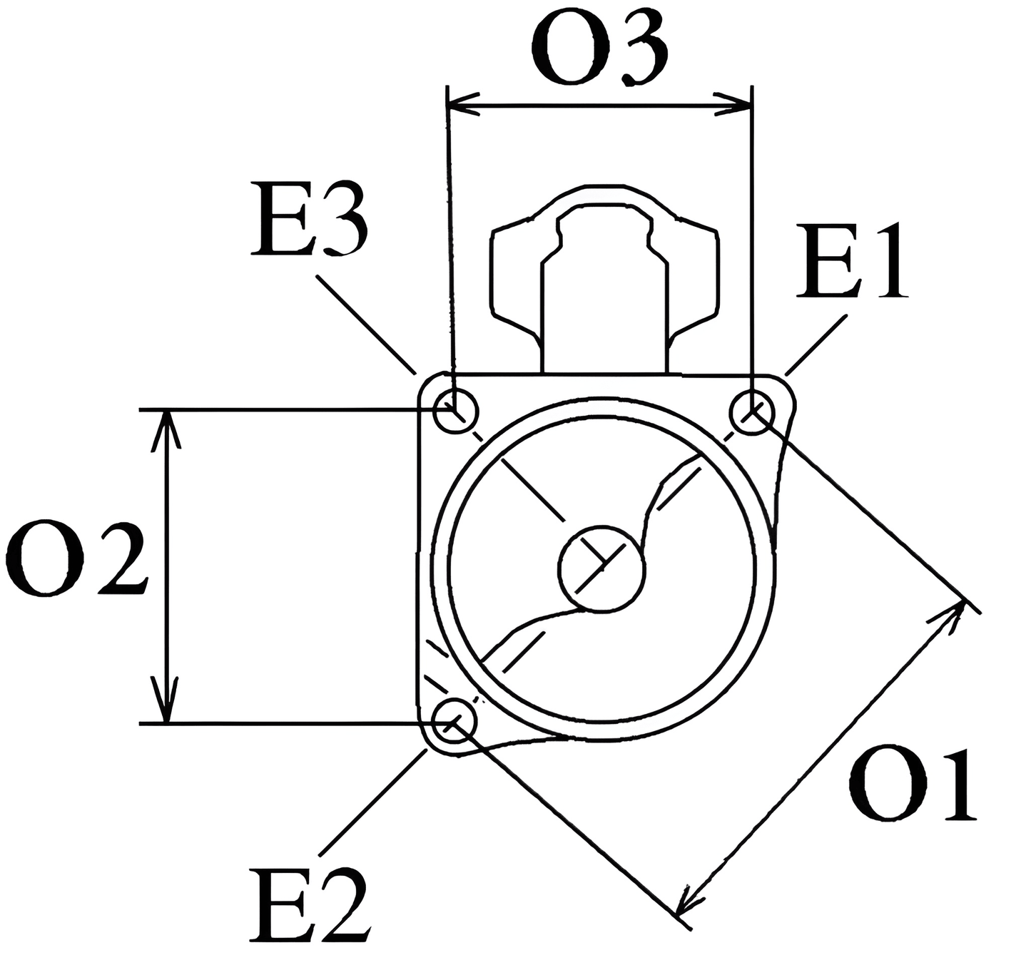 Front dimension schematic of STR54143 starter motor mounting points