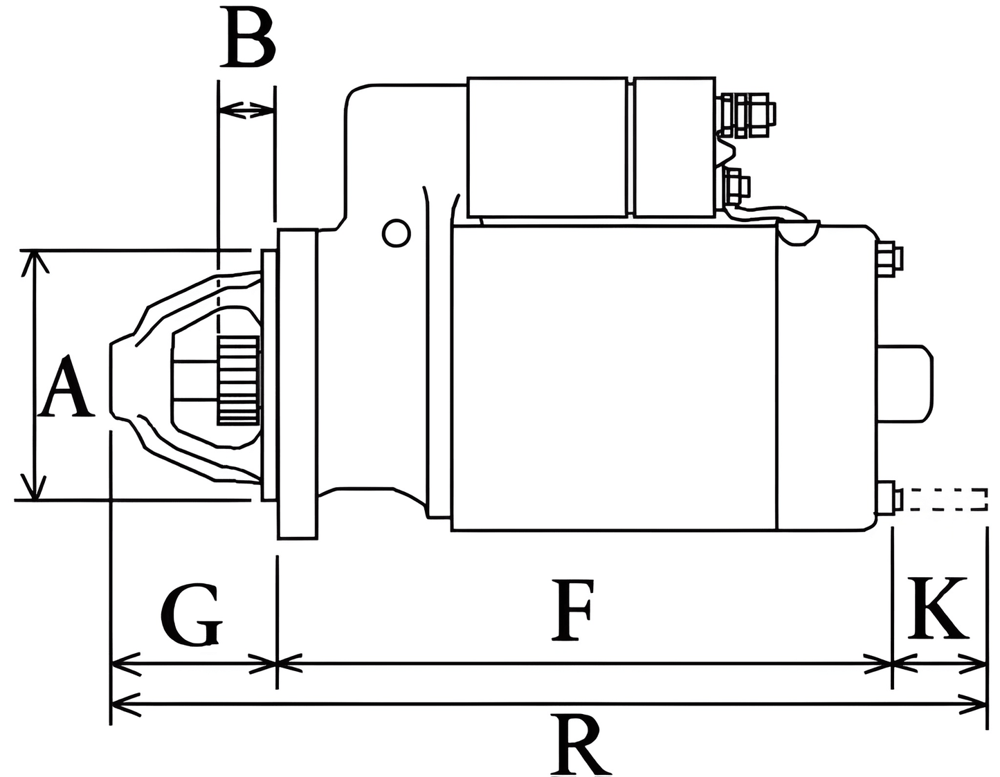 Dimensional side drawing showing measurements of DRR28 starter motor