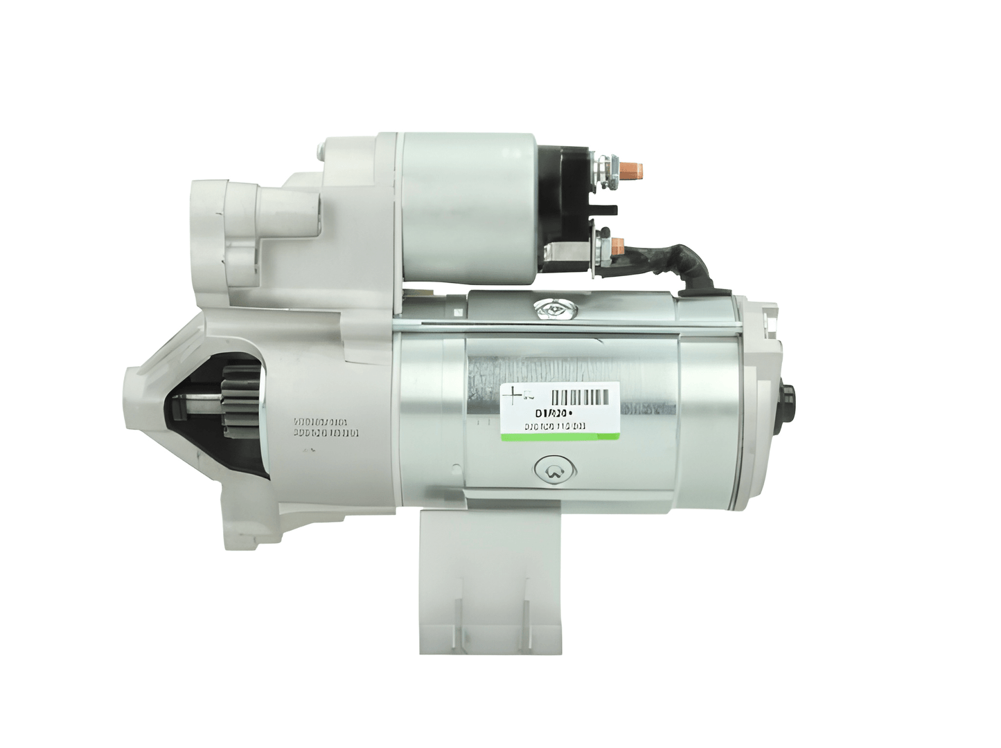 Side view of STR54143 DRR28 starter motor showing solenoid and label details