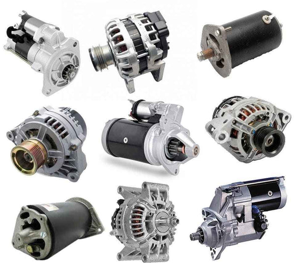 Assortment of silver and black automotive starters and alternators by Mid Ulster Rotating Electrics