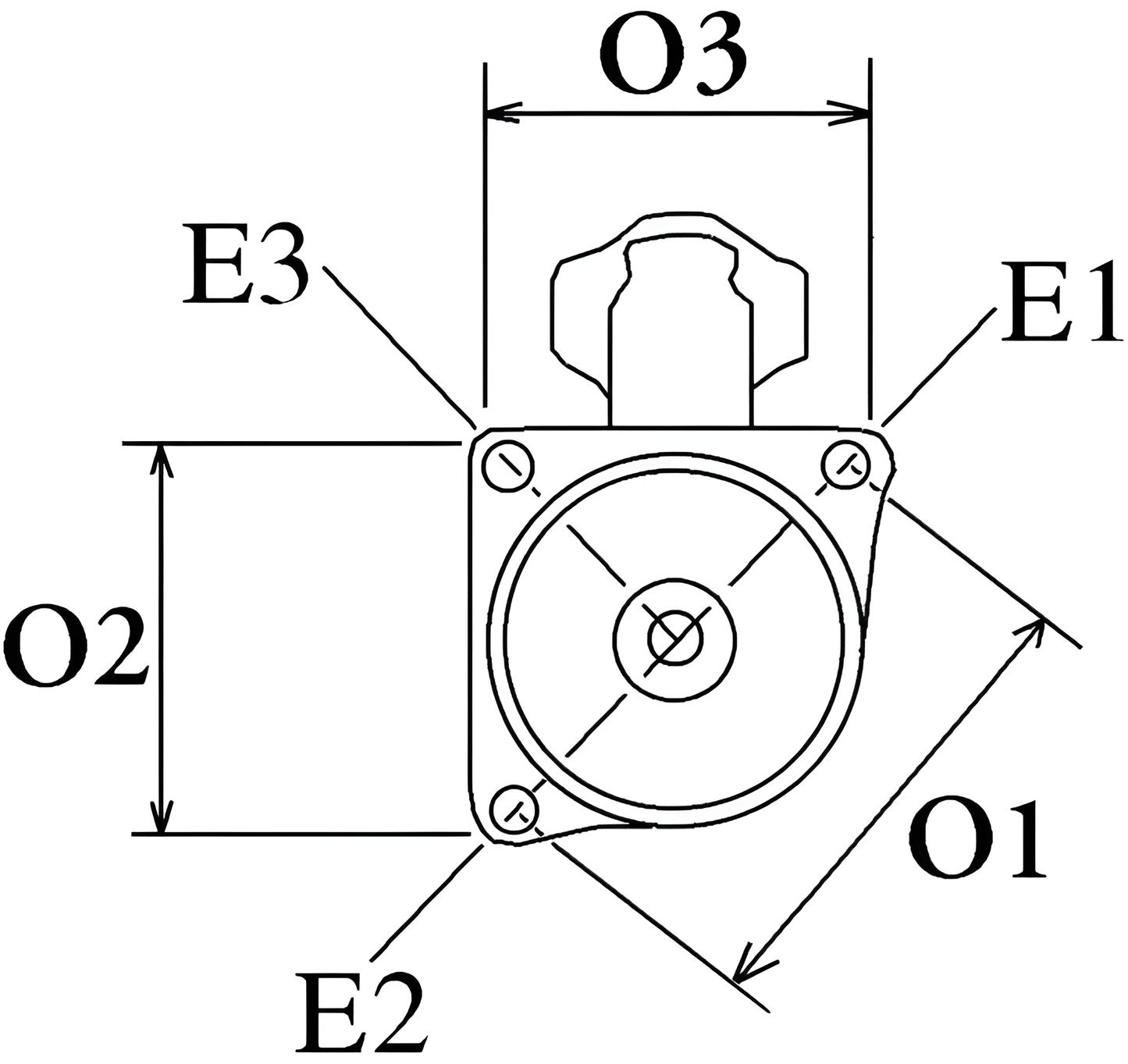 Front mounting measurement diagram for STR70280 starter motor with O1, O2, O3, and E-series dimensions.