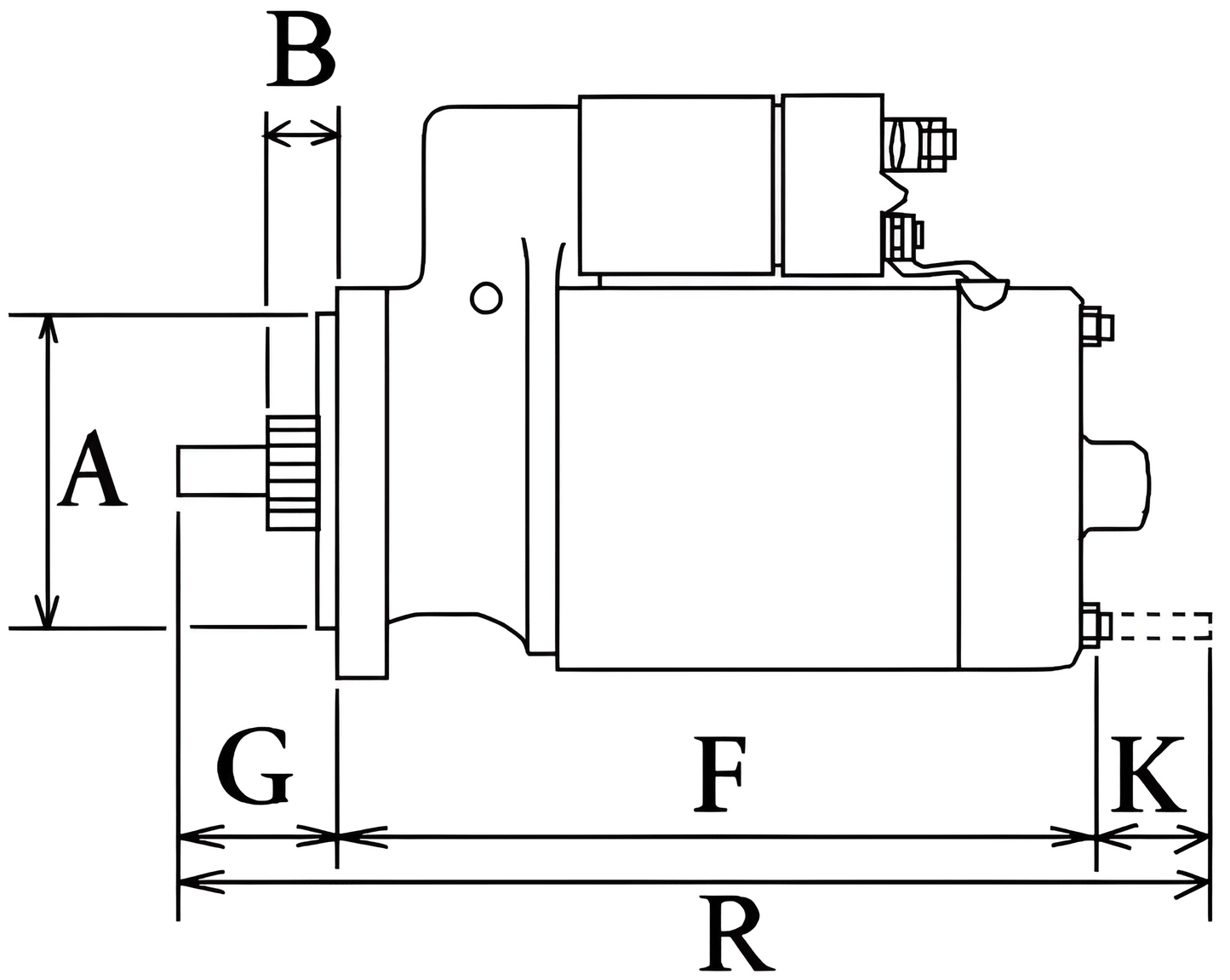 Side view technical diagram showing mounting and dimension measurements for STR70280 starter motor.