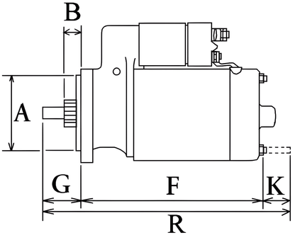 Side view technical diagram showing mounting and dimension measurements for STR70280 starter motor.