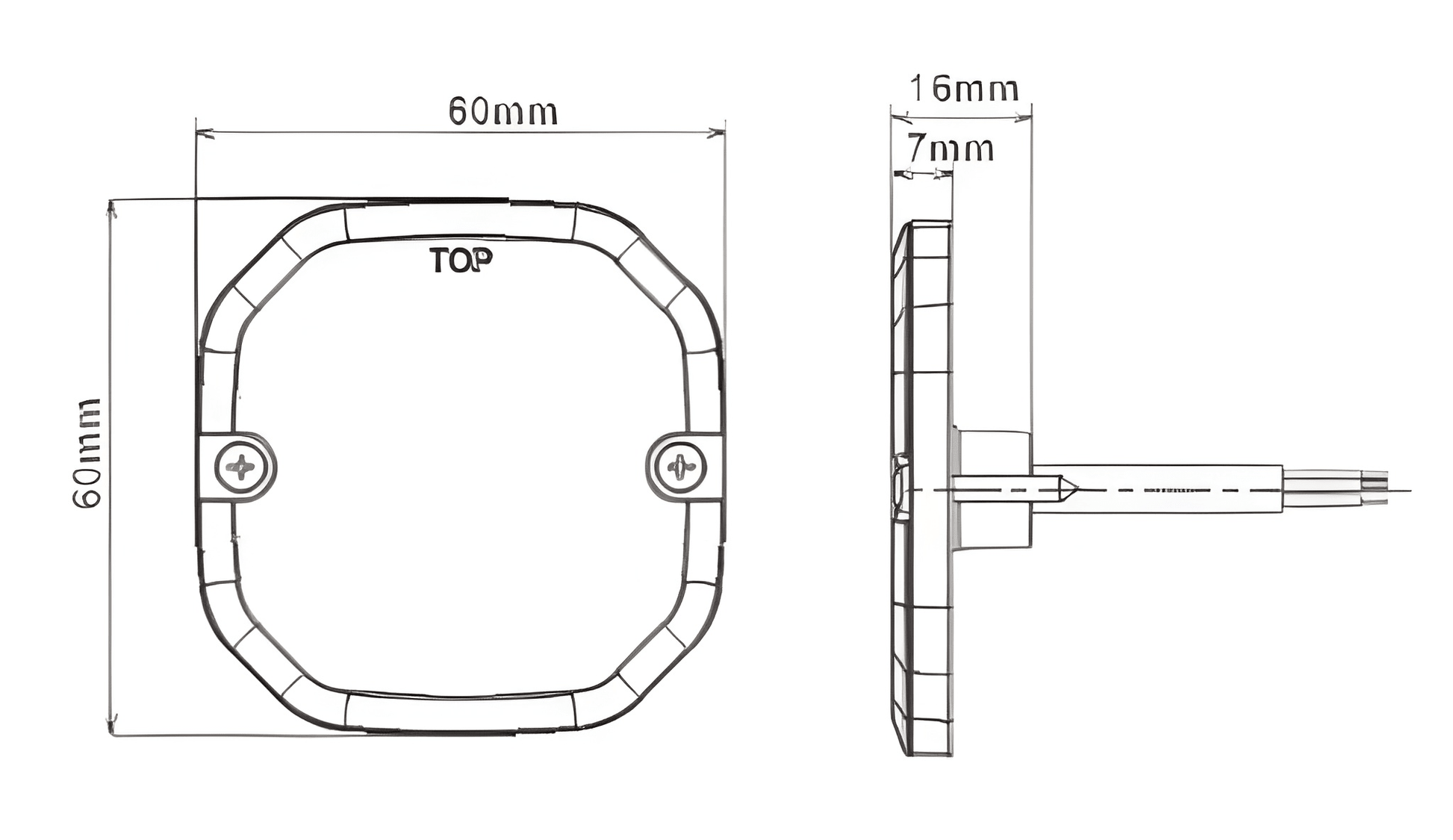 Technical drawing of a square light with labeled dimensions