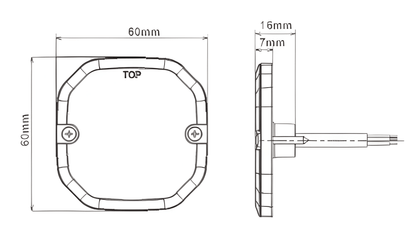 Technical drawing of a square light with labeled dimensions