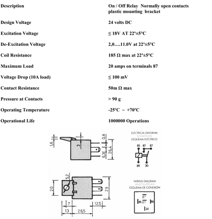 technical datasheet displaying size, rating, voltage etc 