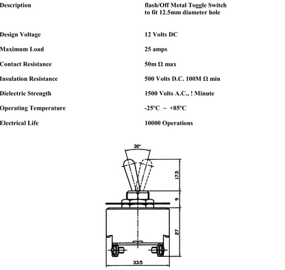 Technical datasheet and dimension diagram for Flash Off Flash 12V 25A metal toggle switch