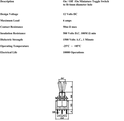 technical data sheet for k870 series on off switch showing technical specifications and dimensions