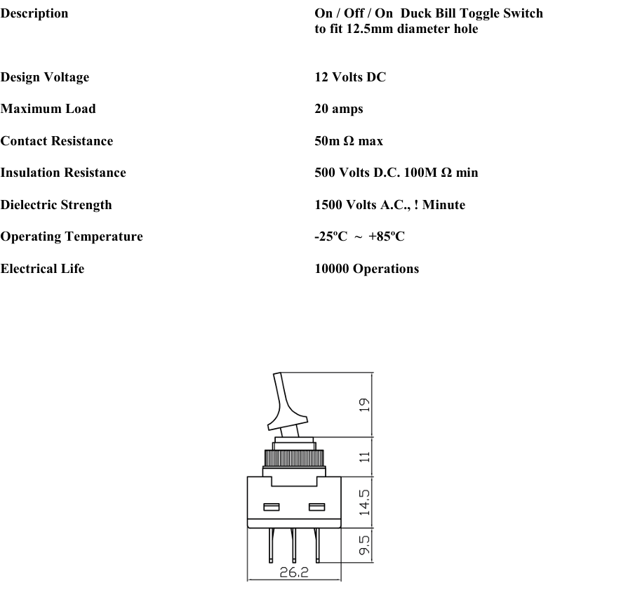 technical data sheet for k886 series on on switch showing technical specifications and dimensions