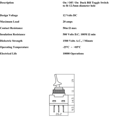 technical data sheet for k886 series on on switch showing technical specifications and dimensions