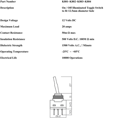 technical data sheet for k800 series on off switch showing technical specifications and dimensions