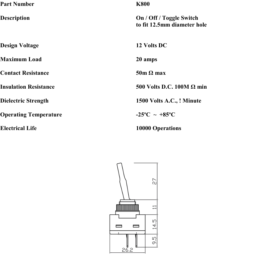 technical data sheet for k800 on off switch showing technica specifications and dimensions