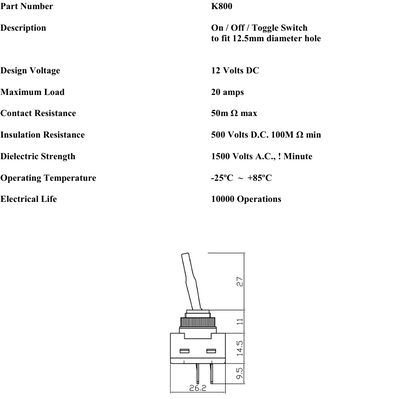 technical data sheet for k800 on off switch showing technica specifications and dimensions