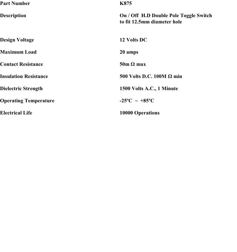 technical data sheet for k875 series on on switch showing technical specifications and dimensions