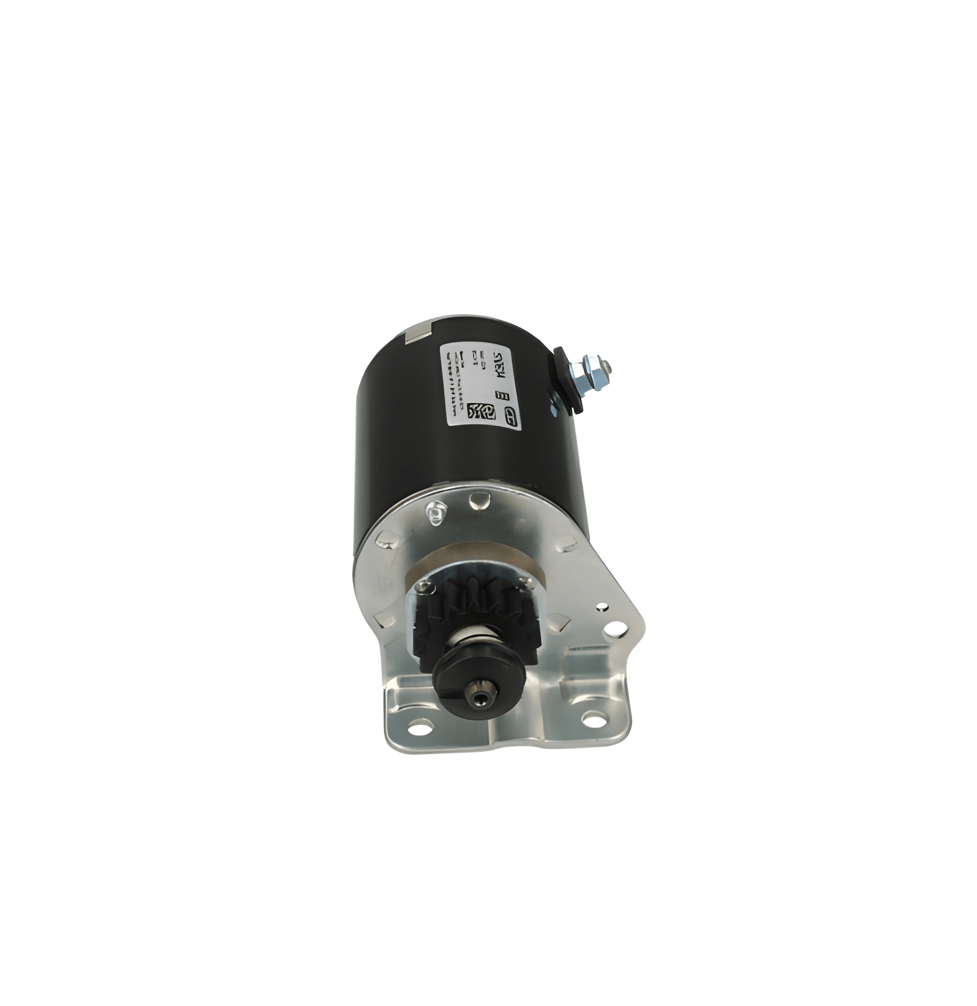 A new 12v starter motor for Briggs & Stratton John Deere, showing the motor housing, gears, and electrical connections. STR4004 / 110634