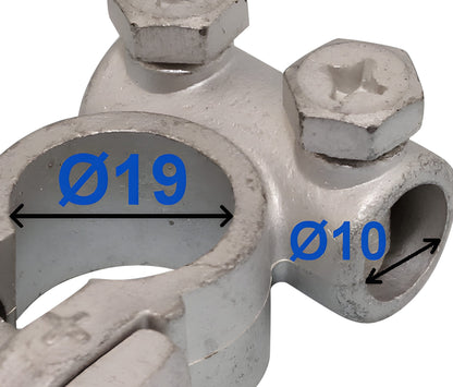 Positive Battery Terminal – 19mm diameter, Solderless, Tin-Plated Brass, 10mm Cable Hole Drilling, Wood Auto BTT1002N/205
