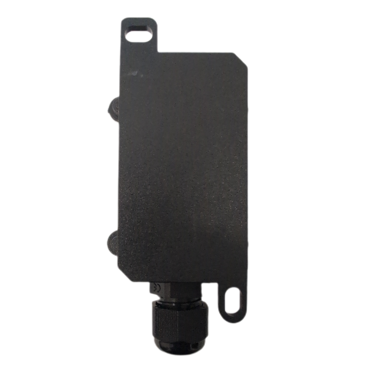 A black metal electronic component or connector housing with mounting holes, shown against a plain white background.