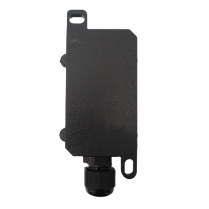 A black metal electronic component or connector housing with mounting holes, shown against a plain white background.