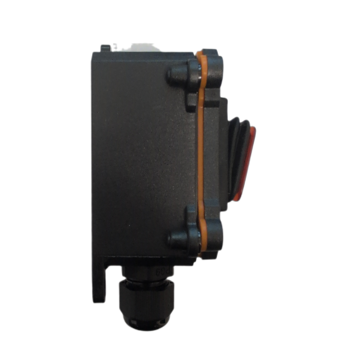 A black plastic electrical junction box with a red toggle switch and a copper-colored rubber gasket, isolated on a white background.