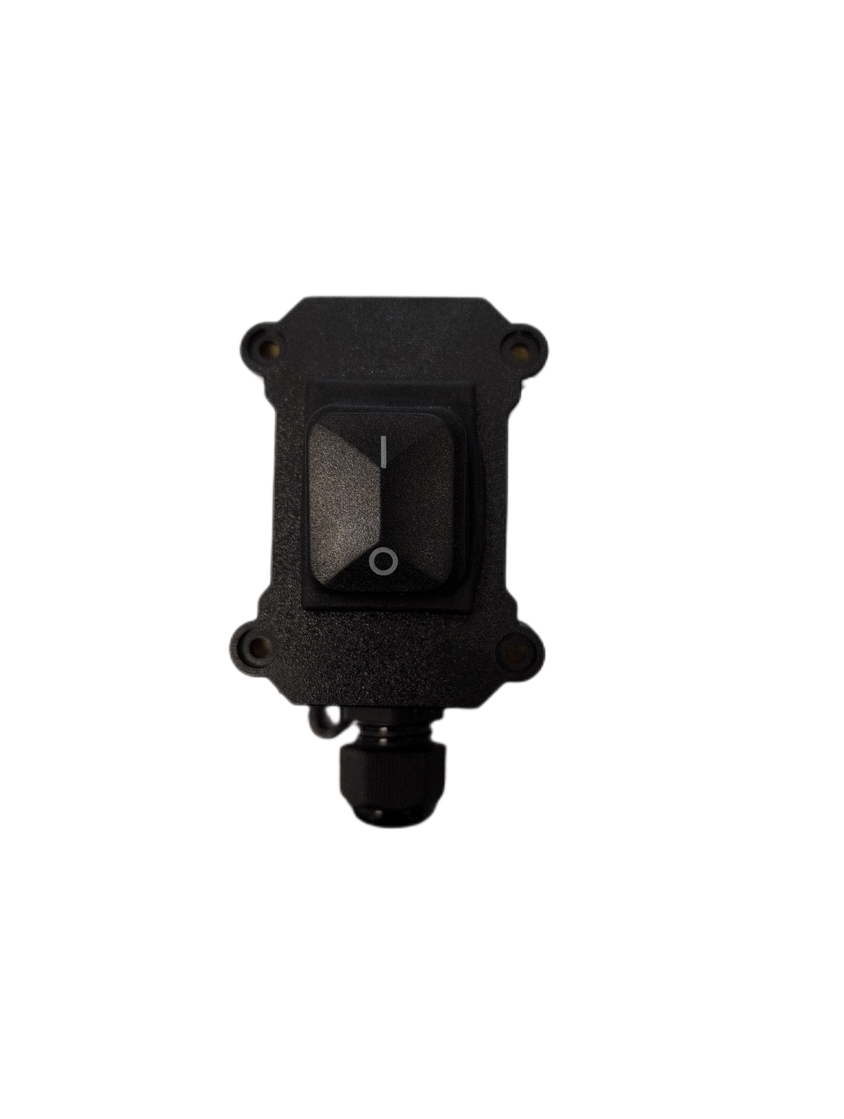 A black industrial rocker switch with a mounting bracket and a threaded connector below, isolated on a white background.