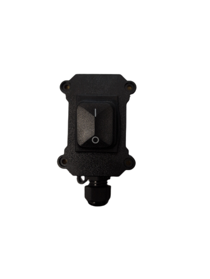 A black industrial rocker switch with a mounting bracket and a threaded connector below, isolated on a white background.