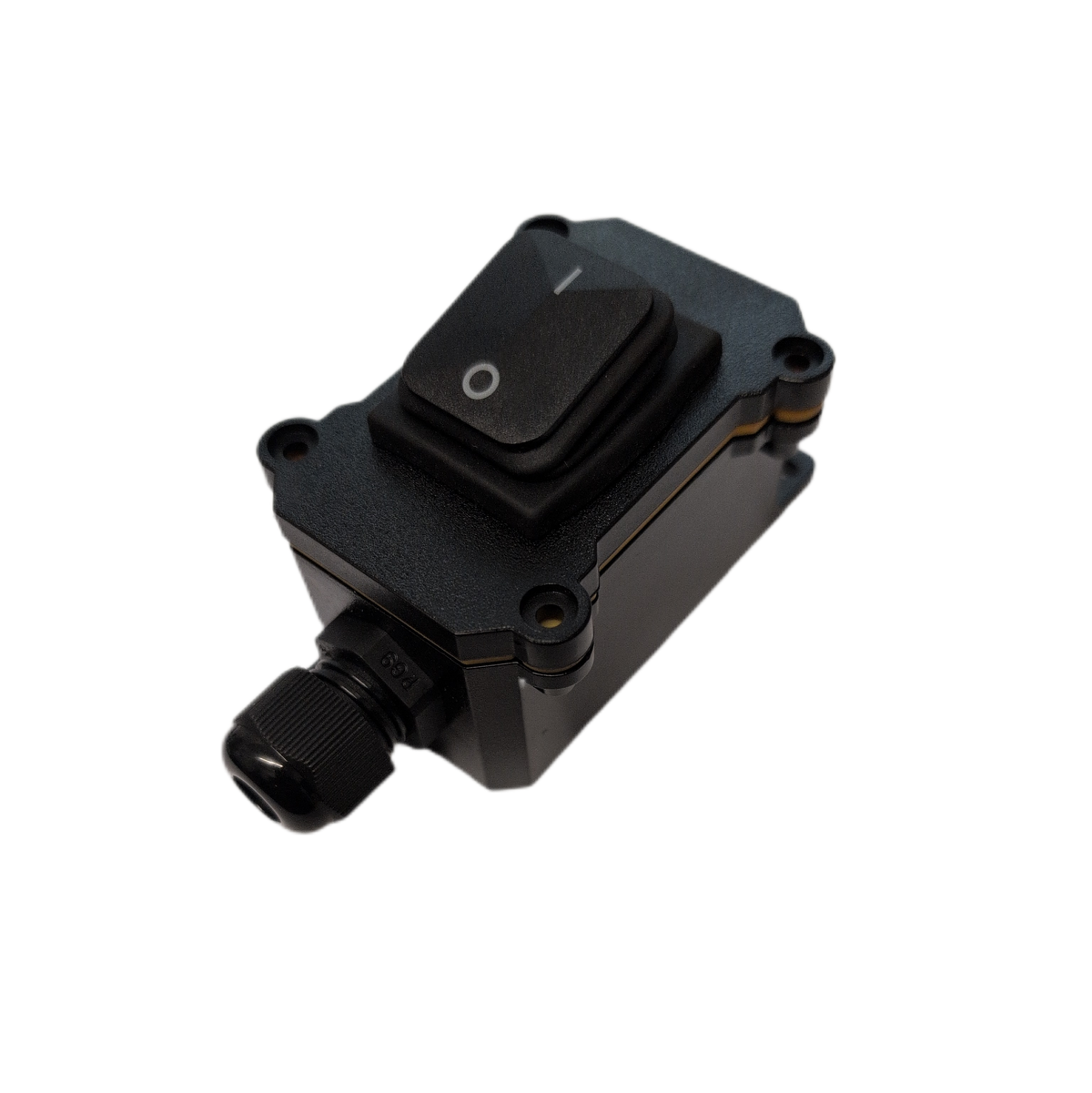 A black plastic electrical switch module with a rocker switch and a threaded connector, isolated on a white background.