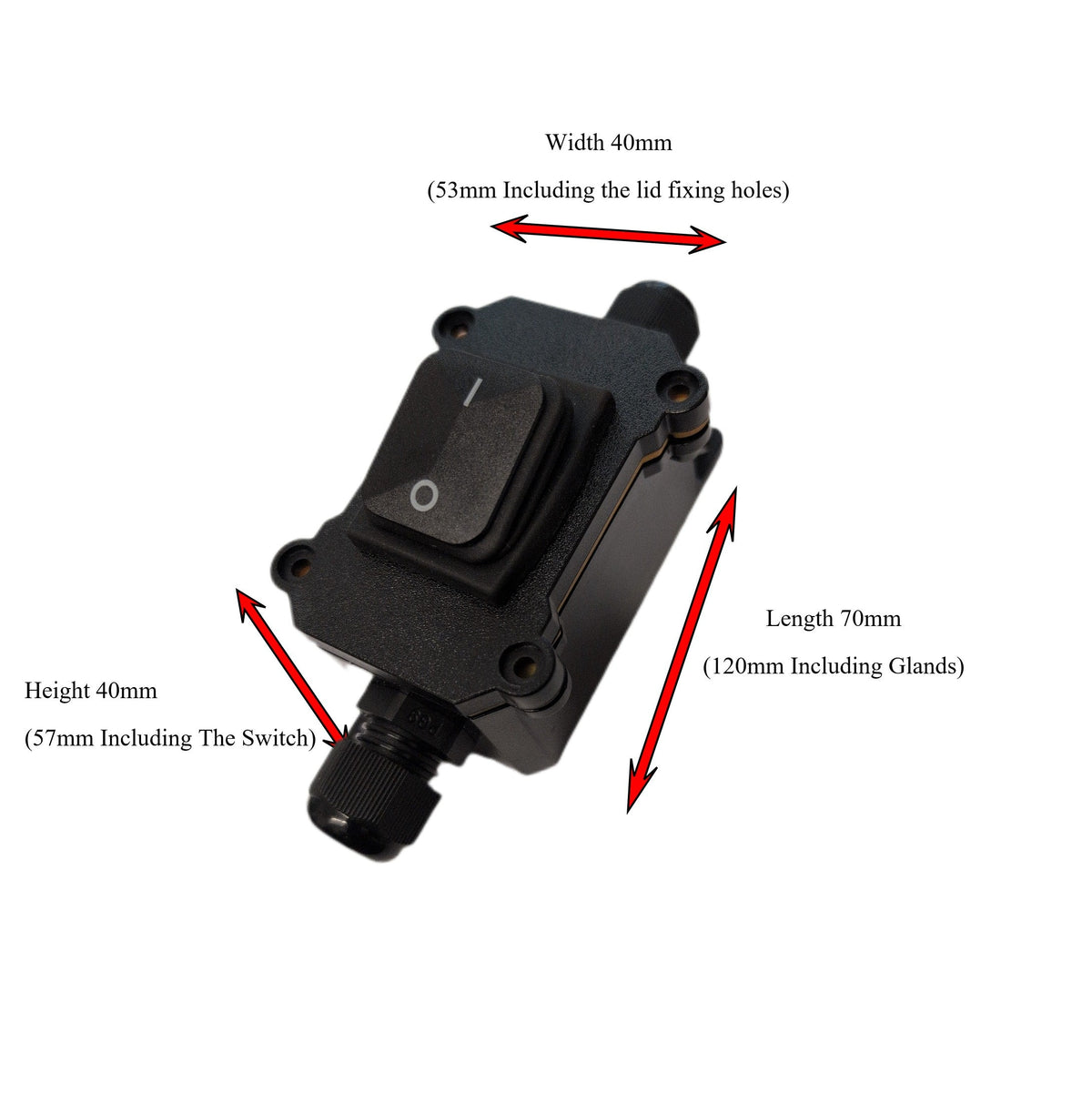 Black outdoor waterproof switch box with dimension annotations showing width 40mm, height 40mm, and length 70mm on a white background.
