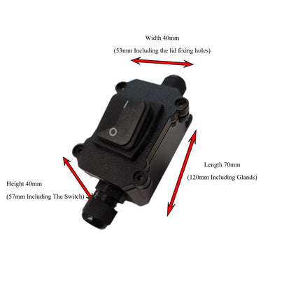 Black outdoor waterproof switch box with dimension annotations showing width 40mm, height 40mm, and length 70mm on a white background.