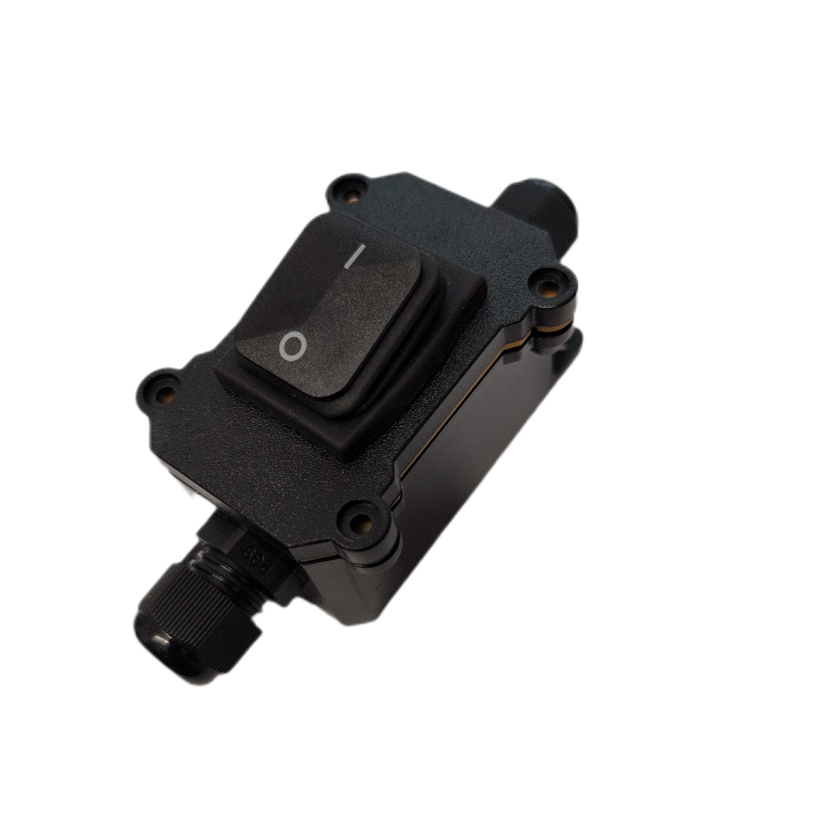 A black industrial toggle switch module with a rocker switch and threaded connector ports, shown on a plain white background.