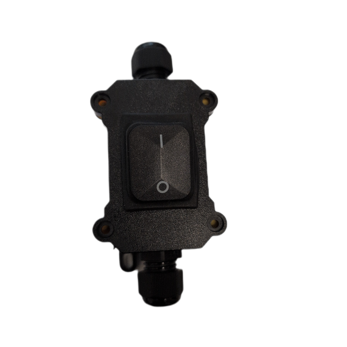 A black waterproof outdoor rocker switch with a textured housing, a recessed rocker button with a white line symbol, and threaded connector ports at the top and bottom, isolated on a white background.