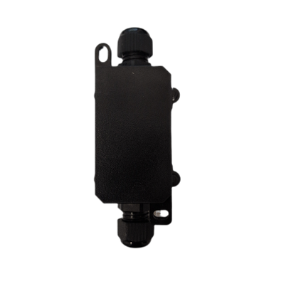 A black metal electrical cable gland with a threaded cap on top and bottom, featuring mounting tabs on the sides, shown against a plain white background.