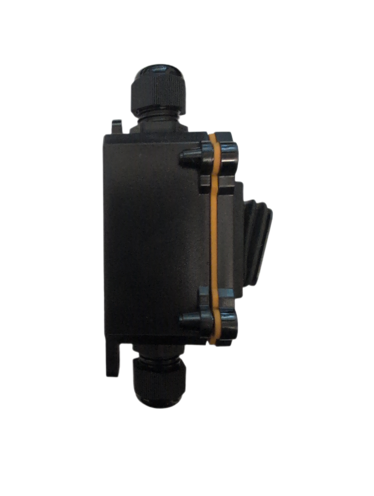 A black plastic electrical junction box with a threaded connector on top and bottom, secured by a tan rubber gasket, shown against a plain white background.
