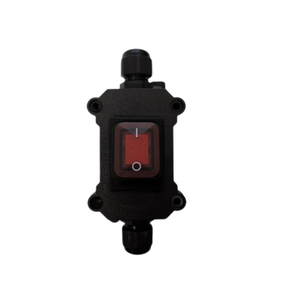 A black plastic electrical switch box with a red rocker switch and black cable glands on the top and bottom, isolated on a white background.