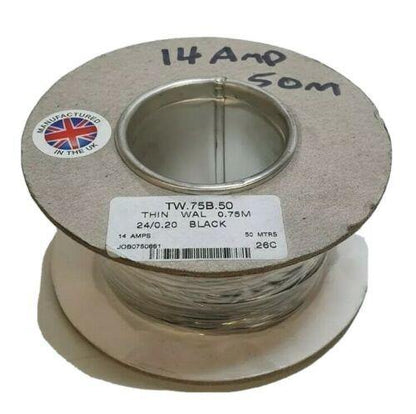 50M Reel 14 Amp Black Single Core Automarine 12V 24V Thin Wall Car Cable Wire - Mid-Ulster Rotating Electrics Ltd