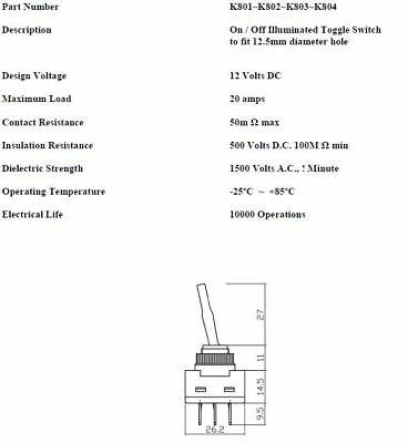 On Off Toggle Switch Flip Flick Blue 12V 20A Car Dash Light Robinson K802 - Mid-Ulster Rotating Electrics Ltd