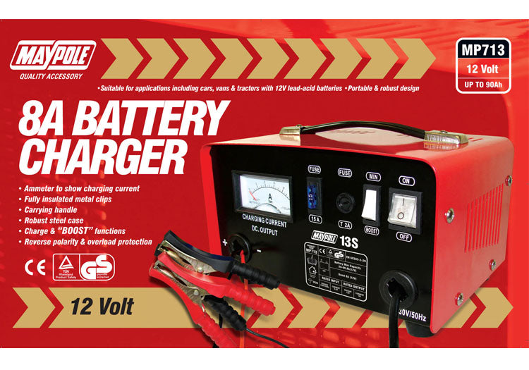 8A 12V Metal Cased Battery Charger. For all low maintenance and maintenance free lead acid batteries and AGM batteries MP713