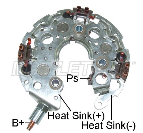 Alternator rectifier diode plate with a heat sink designation and electrical specifications labeled on it.