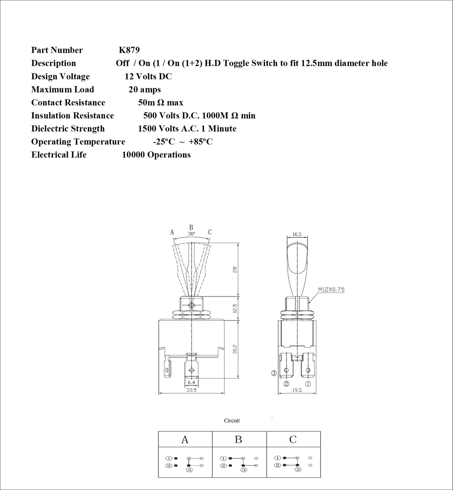 Off On On Toggle Switch Flick Hd Light Switch 25Amp 12V Robinson K879 1030