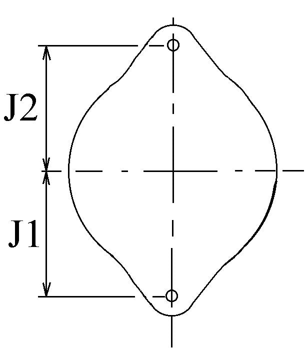 Technical drawing of an alternator component showing an irregular oval shape with J1 and J2 dimensions