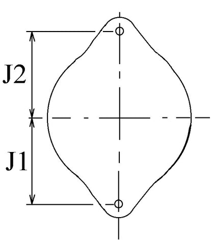 Technical drawing of an alternator component showing an irregular oval shape with J1 and J2 dimensions