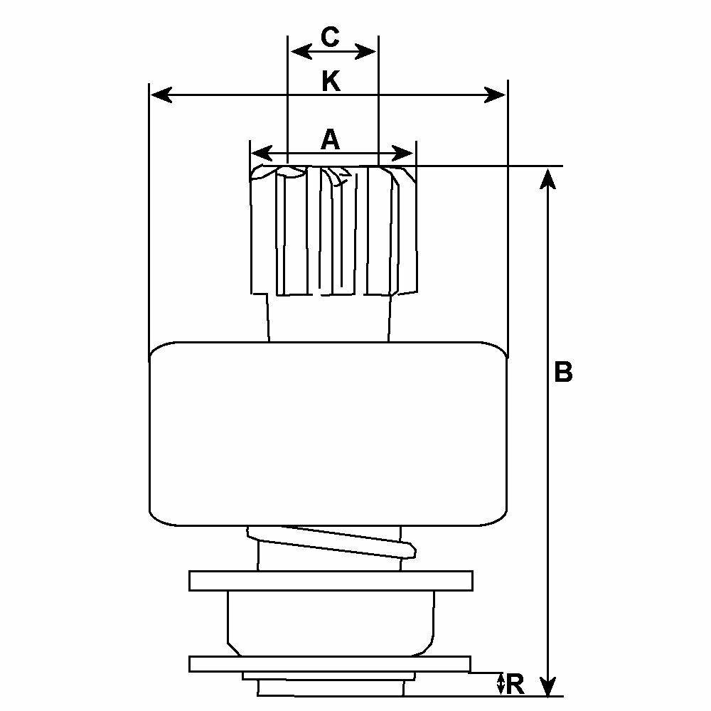 meaurement diagram for a starter drive pinion on a white background