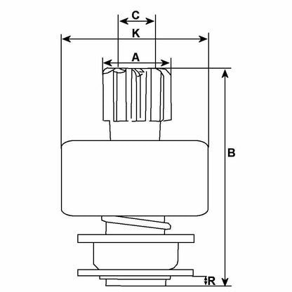 meaurement diagram for a starter drive pinion on a white background