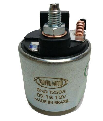 front view of a starter motor solenoid on a white background 