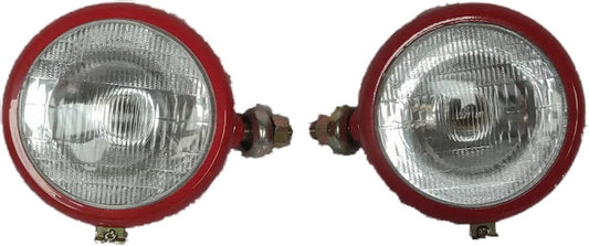 1 Set Of Tractor Headlights Plain Lens Red & Bulbs 40/45w 12V Fits Massey QTP1732 QTP1733
